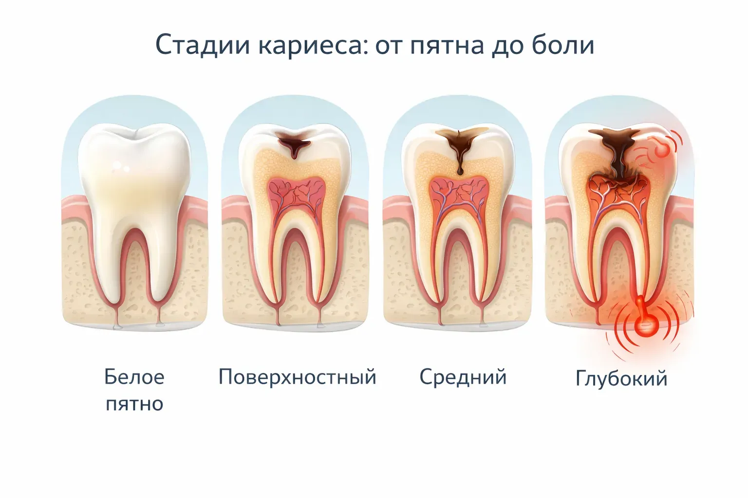 Стадии кариеса: от пятна до боли